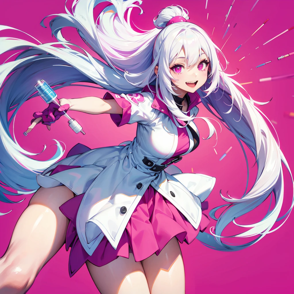 1girl、Dynamic composition、((Perspective Lens, A woman with long milky white hair and pink inner color, Dynamic pose with a cute smiling face, He is holding a syringe bigger than himself towards the viewer.)) ((Pure Magenta Background:1.2)),Looks like she&#39;s in her early 20s,Shooting in mid-motion,With her long braided hair fluttering. (((Her outfit is a nurse&#39;s uniform))),cleavage surgical nurse,  nurse cap, 、Black and deep pink color palette,And she&#39;s casually throwing money around,Be playful.,Super huge、detailed、Draw a big injection in the center of the screen、He is leaning his head out from the injection.、