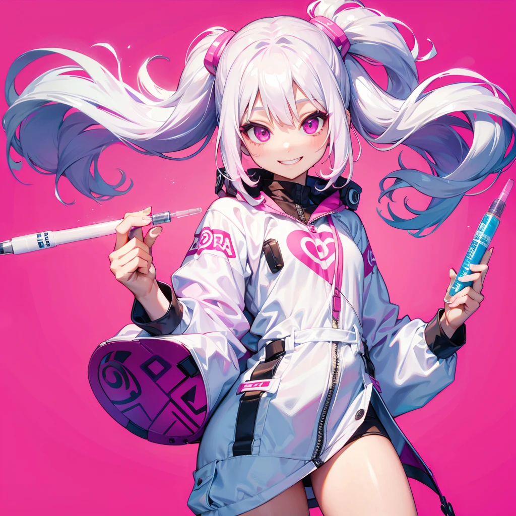 1girl、Dynamic composition、((Perspective Lens, A woman with long milky white hair and pink inner color, Dynamic pose with a cute smiling face, He is holding a syringe bigger than himself towards the viewer.)) ((Pure Magenta Background:1.2)),Looks like she&#39;s in her early 20s,Shooting in mid-motion,With her long braided hair fluttering. (((Her outfit is a nurse&#39;s uniform))),cleavage surgical nurse,  nurse cap, 、Black and deep pink color palette,And she&#39;s casually throwing money around,Be playful.,Super huge、detailed、Draw a big injection in the center of the screen、He is leaning his head out from the injection.、