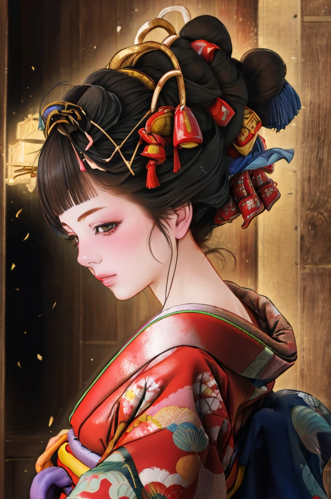 1 Girl, alone, Oiran, Maiko, country, Looking at the audience, short hair, Brown eyes, Brown Hair, Black Hair, hair ornaments, Upper Body, kimono, Blunt bangs, kimono, sash, Compensate, Bob cut hair, ((Bare shoulders)),