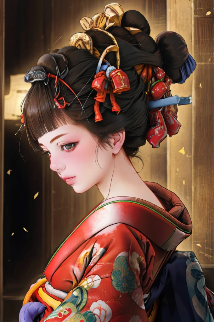 1 Girl, alone, Oiran, Maiko, country, Looking at the audience, short hair, Brown eyes, Brown Hair, Black Hair, hair ornaments, Upper Body, kimono, Blunt bangs, kimono, sash, Compensate, Bob cut hair, ((Bare shoulders)),