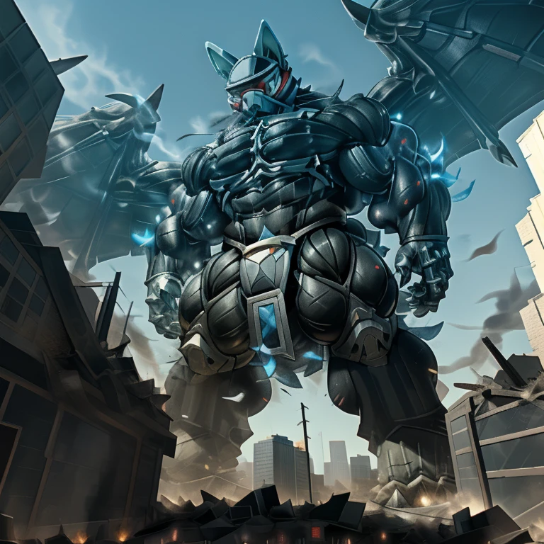 (masterpiece. official art. 8k. best quality. detailed full body. full body.)
(situation 1 : dominating LUCARIO. focus GIANT mechanical Muscular LUCARIO is trampling the CITY. macro. stomp. Low-angle perspective. emphasizing the immense size. The perspective is from below, emphasizing the sheer majesty and power of the Giant. giant art. He is much bigger than a skyscraper. Giga Giants. micro soccer field. looking down.)

(situation 2 :smoke and flames rising from the destruction in the city)

(Additional details 1: wearing a full-face helmet. helmet is jet black. The color of NANOSUIT is jet black. high-tech bio-mecha armor. real texture material. whole body shines like metal. Wearing cyberpunk mecha. emphasizes the muscles. suit fully made of metal. intricate armor. Robotic suit. suit fully made of metal. NANOSUIT with the same design as LUCARIO.). (Lucario has 5 toes.)

(Additional details 2: (Detailed head. Detailed Body. Detailed abs. gigantic muscles. HYPER MUSCLES. Gigachad Muscular. big muscle. pecs. triceps. traps. unusually developed muscular body. body full of huge muscles. showing off muscles. pectorales enormes. Exaggeratedly huge muscles. huge muscles. long legs.).

(Additional details 3: nj5furry, Spread wings. It has wings. black have big wings. The claws are sharp. Sharp teeth.5 toes.). 