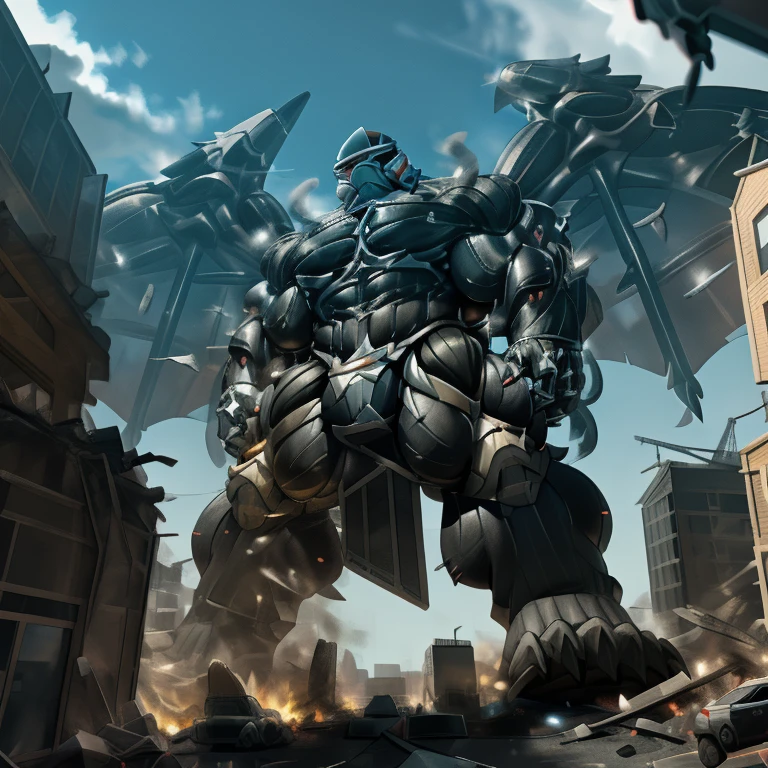 (masterpiece. official art. 8k. best quality. detailed full body. full body.)
(situation 1 : dominating LUCARIO. focus GIANT mechanical Muscular LUCARIO is trampling the CITY. macro. stomp. Low-angle perspective. emphasizing the immense size. The perspective is from below, emphasizing the sheer majesty and power of the Giant. giant art. He is much bigger than a skyscraper. Giga Giants. micro soccer field. looking down.)
(situation 2 :smoke and flames rising from the destruction in the city)
(Additional details 1: wearing a full-face helmet. helmet is jet black. The color of NANOSUIT is jet black. high-tech bio-mecha armor. real texture material. whole body shines like metal. Wearing cyberpunk mecha. emphasizes the muscles. suit fully made of metal. intricate armor. Robotic suit. suit fully made of metal. NANOSUIT with the same design as LUCARIO.). (Lucario has 5 toes.)
(Additional details 2: (Detailed head. Detailed Body. Detailed abs. gigantic muscles. HYPER MUSCLES. Gigachad Muscular. big muscle. pecs. triceps. traps. unusually developed muscular body. body full of huge muscles. showing off muscles. pectorales enormes. Exaggeratedly huge muscles. huge muscles. long legs.).
(Additional details 3: nj5furry, Spread wings. It has wings. black have big wings. The claws are sharp. Sharp teeth.5 toes.).