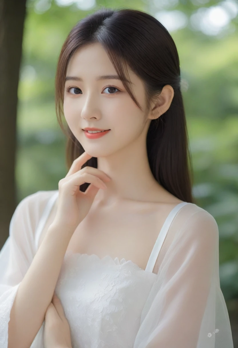 8K, Ultra-high resolution, Highest quality, masterpiece, 三分割法によるphotograph,Surreal, photograph, 1 girl, (16 years old:1.3), pretty girl, Cute face, Beautiful eyes in every detail, 細かくdetailedに,masterpiece,, One Girl:1.2, Japan Female Announcer,whole body,Young Wife,Girl with her back to the camera, evening, forest、Full of cleanliness,A carefree smile,Healing the heart,Semi-long layered hair,Looking at the audience、beauty,Long neck、Laugh a little、Please close your mouth and laugh、(((Ideal body type))),A-cup small breasts :2,、Portraiture:2、Perfect 、鮮明なdetailed、detailed、Surreal、Light and shadow,Strong light