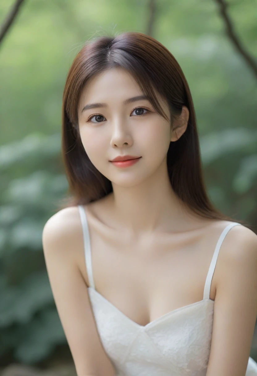 8K, Ultra-high resolution, Highest quality, masterpiece, 三分割法によるphotograph,Surreal, photograph, 1 girl, (:1.3), pretty girl, Cute face, Beautiful eyes in every detail, 細かくdetailedに,masterpiece,, One Girl:1.2, Japan Female Announcer,whole body,Young Wife,Girl with her back to the camera, evening, forest、Full of cleanliness,A carefree smile,Healing the heart,Semi-long layered hair,Looking at the audience、beauty,Long neck、Laugh a little、Please close your mouth and laugh、(((Ideal body type))),A-cup small breasts :2,、Portraiture:2、Perfect Anatomy、鮮明なdetailed、detailed、Surreal、Light and shadow,Strong light