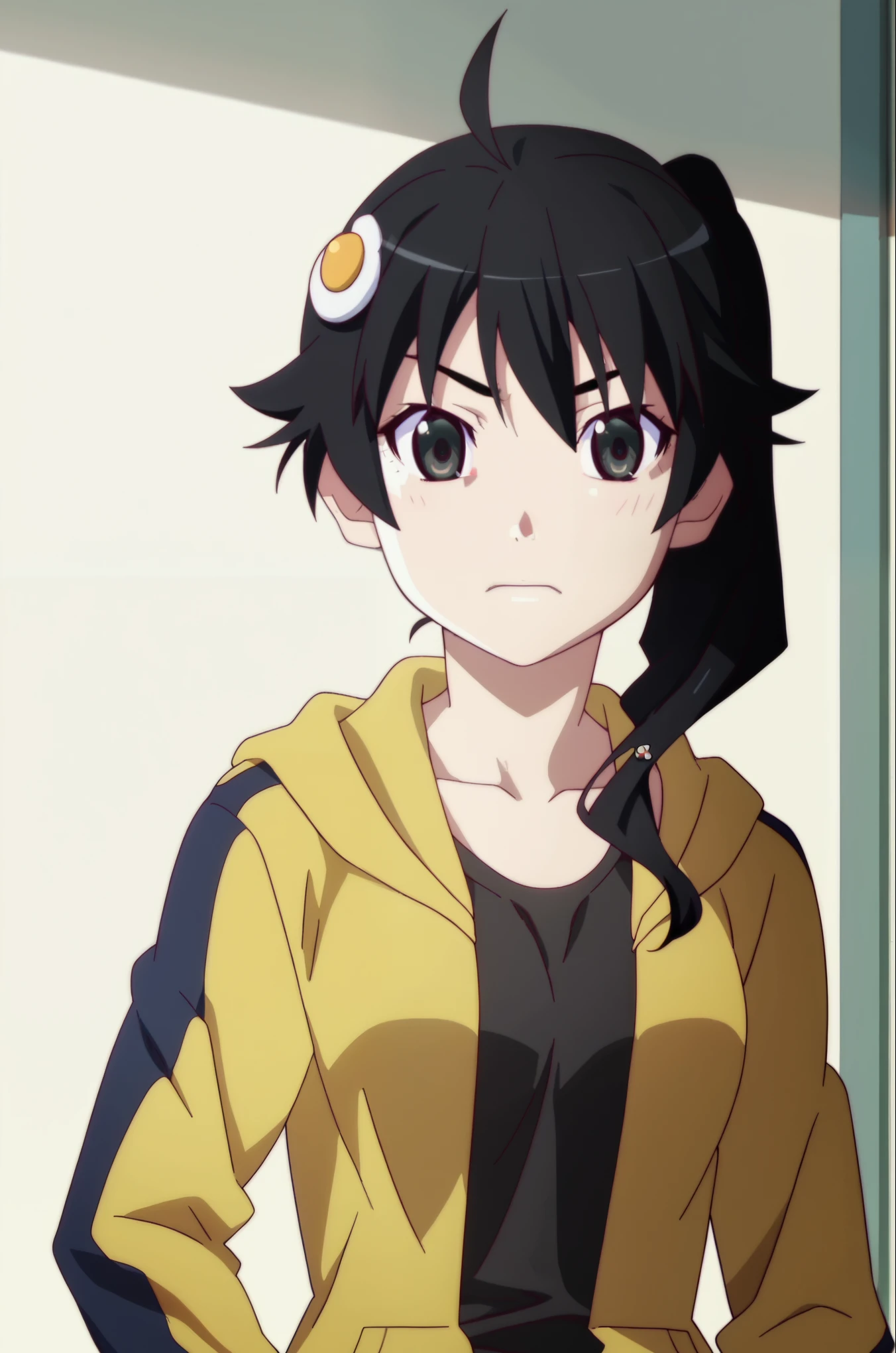 anime screencap, araragi karen,black hair,ahoge,black eyes,side ponytail,egg hair ornament,upper_body, medium breasts, yellow hooded track jacket,