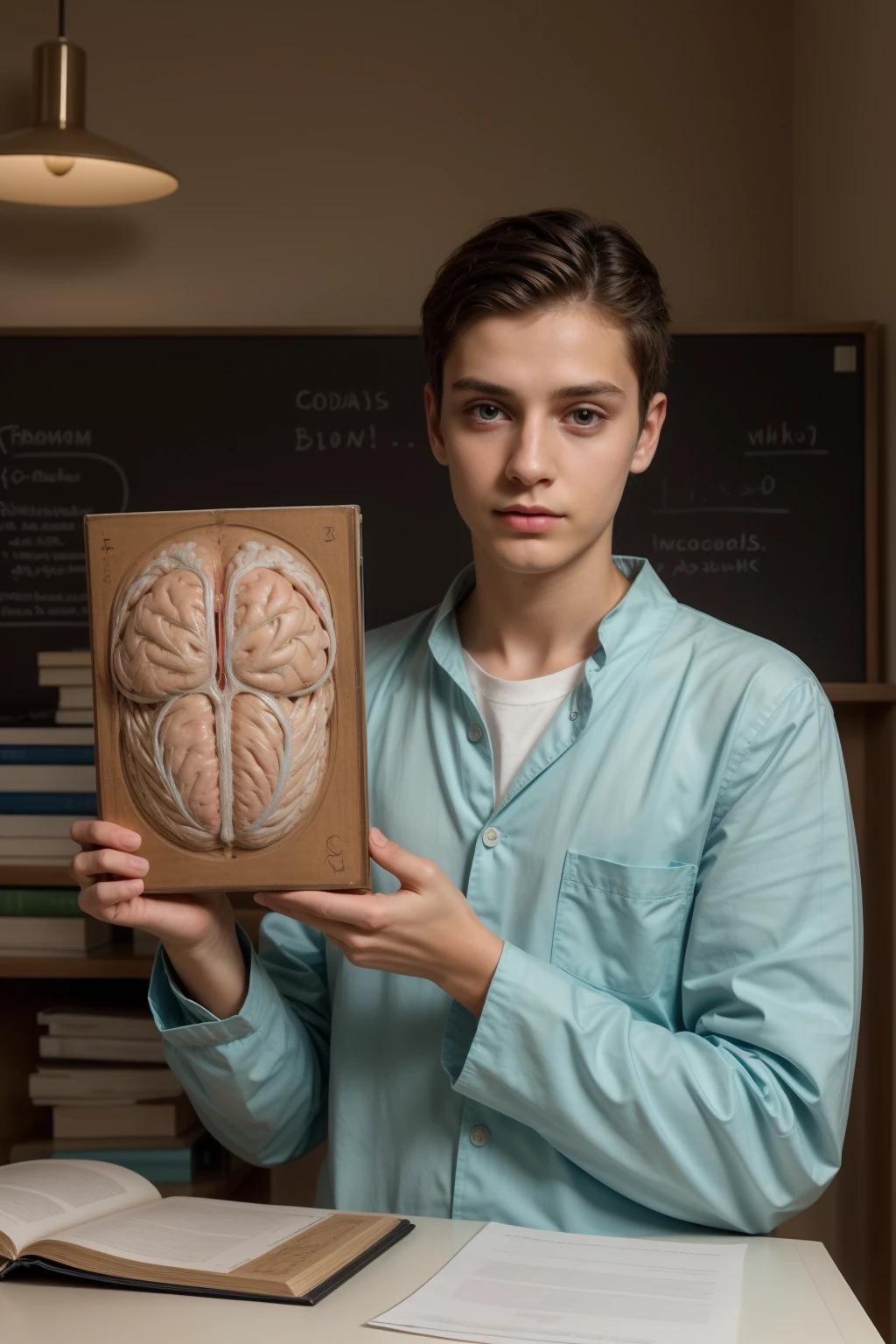 A beautiful young man, a cute male twink, with black hair, a face with reddish make-up, wearing a bright white long-sleeved shirt and aqua blue pants. He is in his office, and behind him is a blackboard on which is written the shape of the brain and its anatomy, and nuclear energy comes out of it.