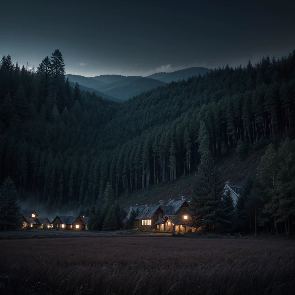 **Whispers in the Forest:**
- "A panoramic view of a peaceful village at night, with the dark forest in the background. Sinister whispers and laughter seem to emanate from the depths of the forest, creating an atmosphere of suspense and mystery in contrast to the serenity of the village."