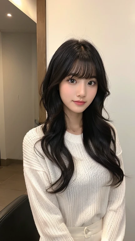 (Highest quality、16K resolution)1 girl、solo、Natural soft light、、Japanese women、Looking into the camera、White long sleeve knit、(Beauty salon background)、Look forward、standing、Beaver、Female in her late s、Light bangs、short hair、Salon model、Natural look、Portrait、Floated hair、Hair curled with a 32mm curling iron、Black-haired