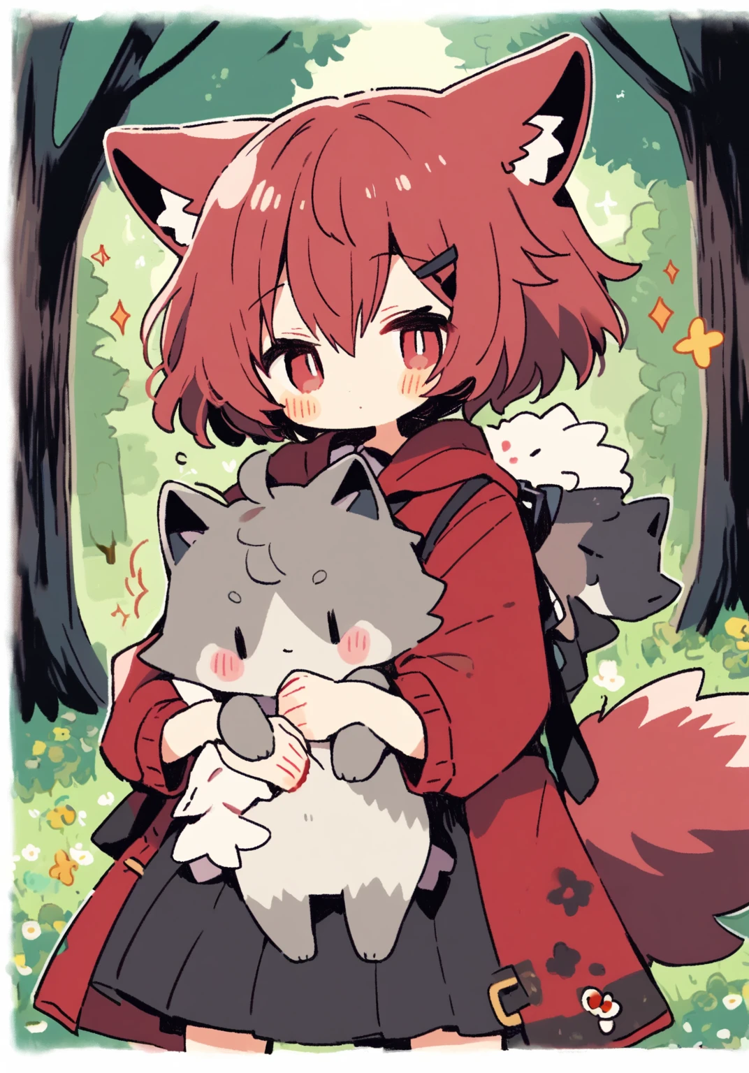 tegaki chibi 1girl 1boy Red hooded girl and wolf ears boy hug in the forest gothic ta