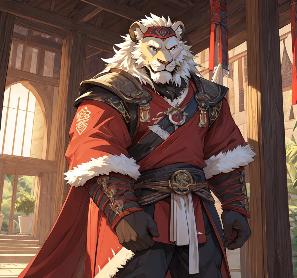 Brave, great and noble lion samurai warrior,(Whole body white fur), Wearing very detailed red samurai armor,He wears a red mask on his head that resembles an ogre&#39;s horns., Sengoku period,He has a black and gold fan, Highly detailed background, Cherry blossoms blowing in the wind, 完璧なmasterpiece, high quality, High resolution written boundary depth, Perfect lighting, (Particles of light),(最high quality),(masterpiece),(Ultra de Shippo Ed),Sharp focus,Particles of light