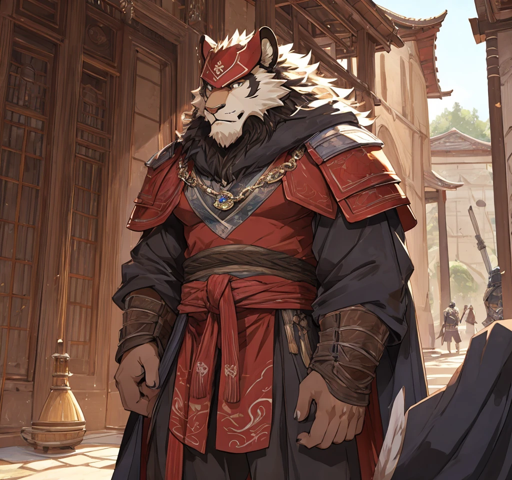 Brave, great and noble lion samurai warrior,(Whole body white fur), Wearing very detailed red samurai armor,He wears a red mask on his head that resembles an ogre&#39;s horns., Sengoku period,He has a black and gold fan, Highly detailed background, Cherry blossoms blowing in the wind, 完璧なmasterpiece, high quality, High resolution written boundary depth, Perfect lighting, (Particles of light),(最high quality),(masterpiece),(Ultra de Shippo Ed),Sharp focus,Particles of light