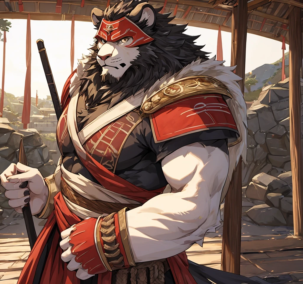 Brave, great and noble lion samurai warrior,(Whole body white fur), Wearing very detailed red samurai armor,He wears a red mask on his head that resembles an ogre&#39;s horns., Sengoku period,He has a black and gold fan, Highly detailed background, Cherry blossoms blowing in the wind, 完璧なmasterpiece, high quality, High resolution written boundary depth, Perfect lighting, (Particles of light),(最high quality),(masterpiece),(Ultra de Shippo Ed),Sharp focus,Particles of light