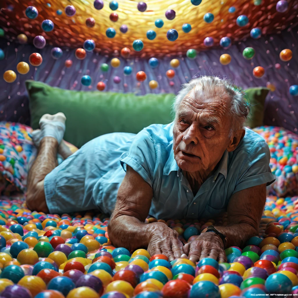 arafed man laying on a bed of balls with a glass ball in the background, 3d render senior artist, by Alexander Kucharsky, by Krzysztof Boguszewski, dementia, deep dream, 8 k 3 d render ray traceing, an amazing photo, surreal scene, surreal 3 d render, c 4 d ”