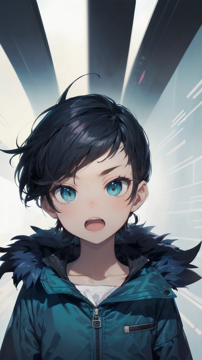 Close-up of a cartoon girl with blue hair and a yellow shirt, 2D Animation, 2D Animation style, 2D Art, 2D Art, 2D from Gorillaz, 2D from Gorillaz, 2D Gorillaz, Screaming Cerket, 2D Sprites, Jinx Face, short hair, Small breasts, hot pants, ((Black Hair, Bright blue fur inside:1.4))