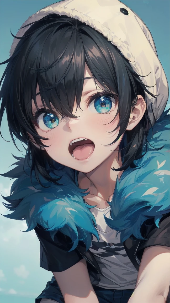 Close-up of a cartoon girl with blue hair and a yellow shirt, 2D Animation, 2D Animation style, 2D Art, 2D Art, 2D from Gorillaz, 2D from Gorillaz, 2D Gorillaz, Screaming Cerket, 2D Sprites, Jinx Face, short hair, Small breasts, hot pants, ((Black Hair, Bright blue fur inside:1.4))