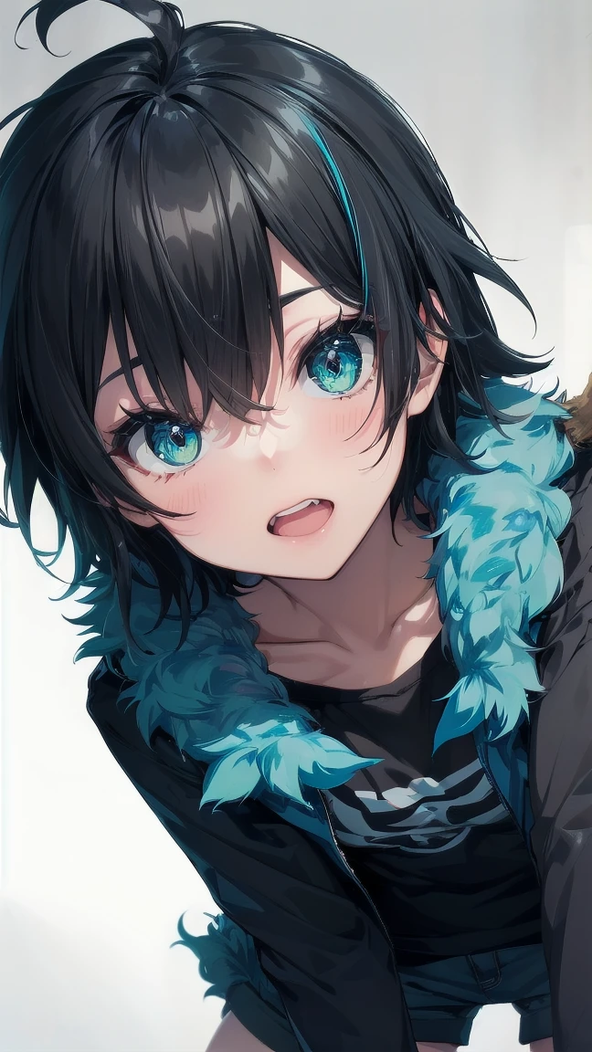 Close-up of a cartoon girl with blue hair and a yellow shirt, 2D Animation, 2D Animation style, 2D Art, 2D Art, 2D from Gorillaz, 2D from Gorillaz, 2D Gorillaz, Screaming Cerket, 2D Sprites, Jinx Face, short hair, Small breasts, hot pants, ((Black Hair, Bright blue fur inside:1.4))