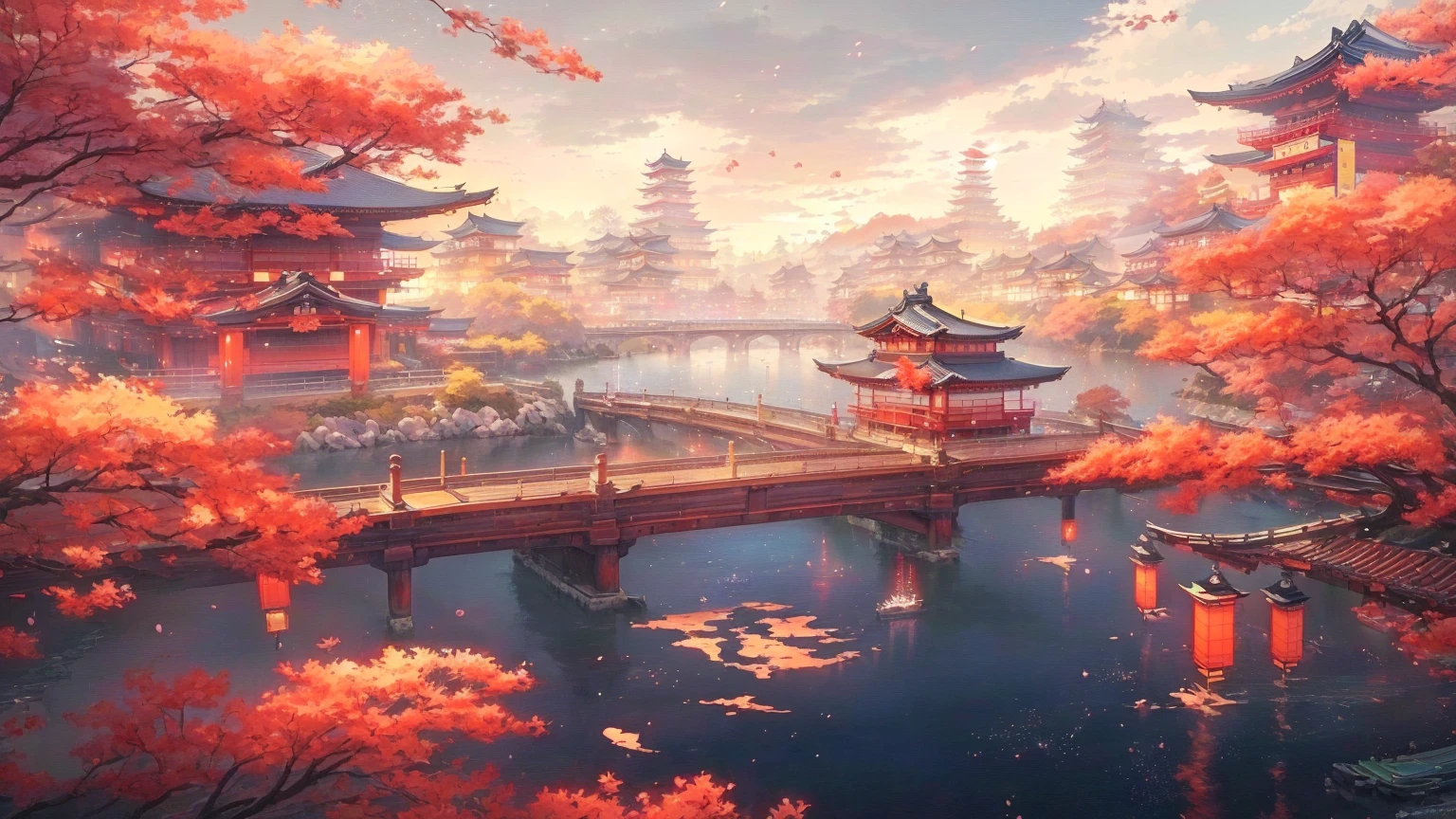 There is a painting,There is a bridge across the water in the painting, Japanese cities, Anime Art Wallpaper 4K, Anime Art Wallpaper 4K, Beautiful art UHD 4K, Ross Chen. Landscape background, anime art wallpaper 8 k, Japanese art style, Anime style 4K, Anime Wallpaper 4K, Anime Wallpaper 4K, 8k high quality detailed art