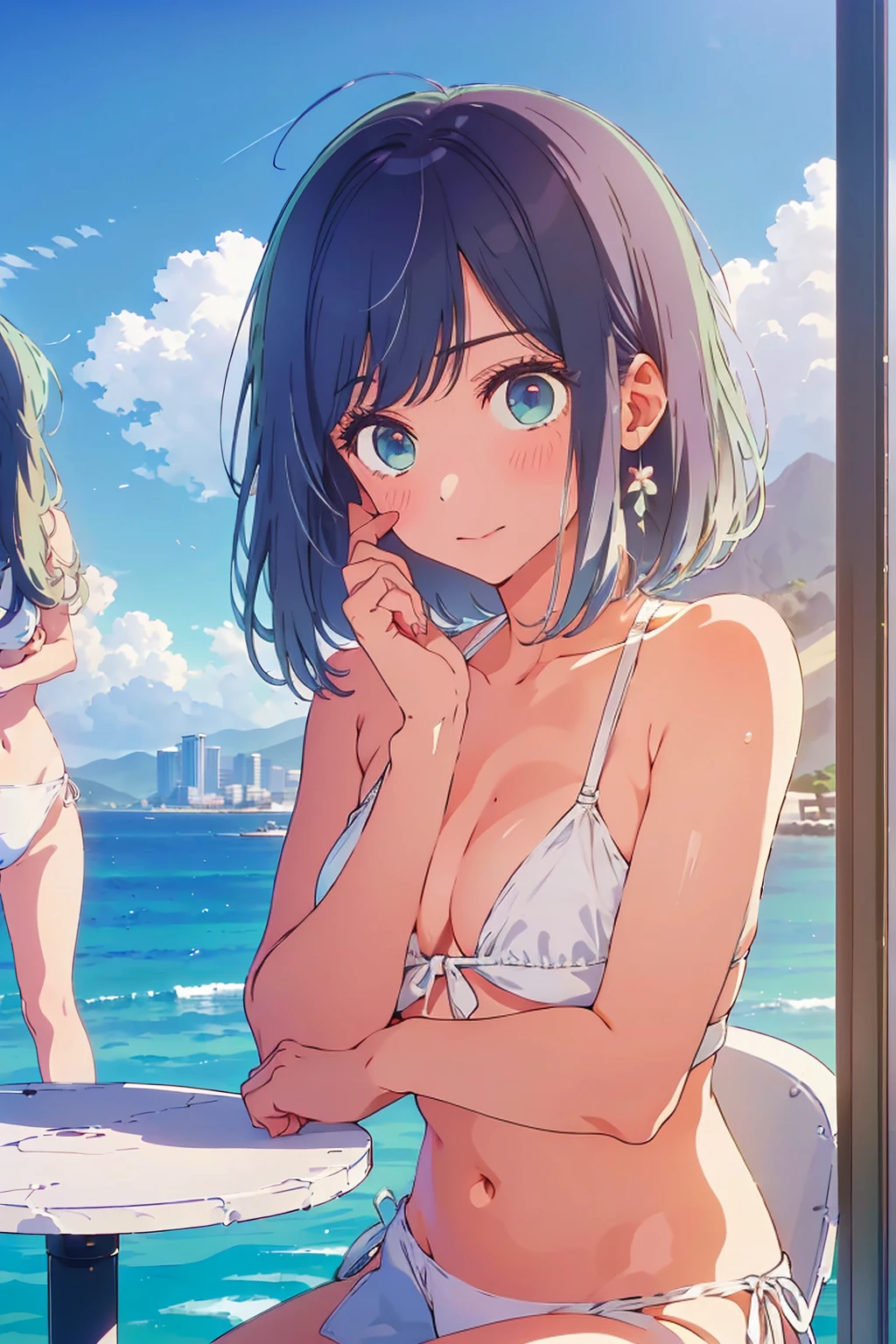 (Highest quality:1.4、8K:1.4、detailed)、F cup bust、、Slim body、Very white beautiful skin、((((1 person、Surprised expression、sit、Chair、In the background are the urban buildings of Tokyo、looking at the camera、Outdoor café terrace、coastal、Navy hair color、juice、Shooting up close、table、Very cute face))))、((((Nude in whiikini))))、(Pose of putting hair behind ears with hands:1.4)、Very blue sky、A completely cloudless sky