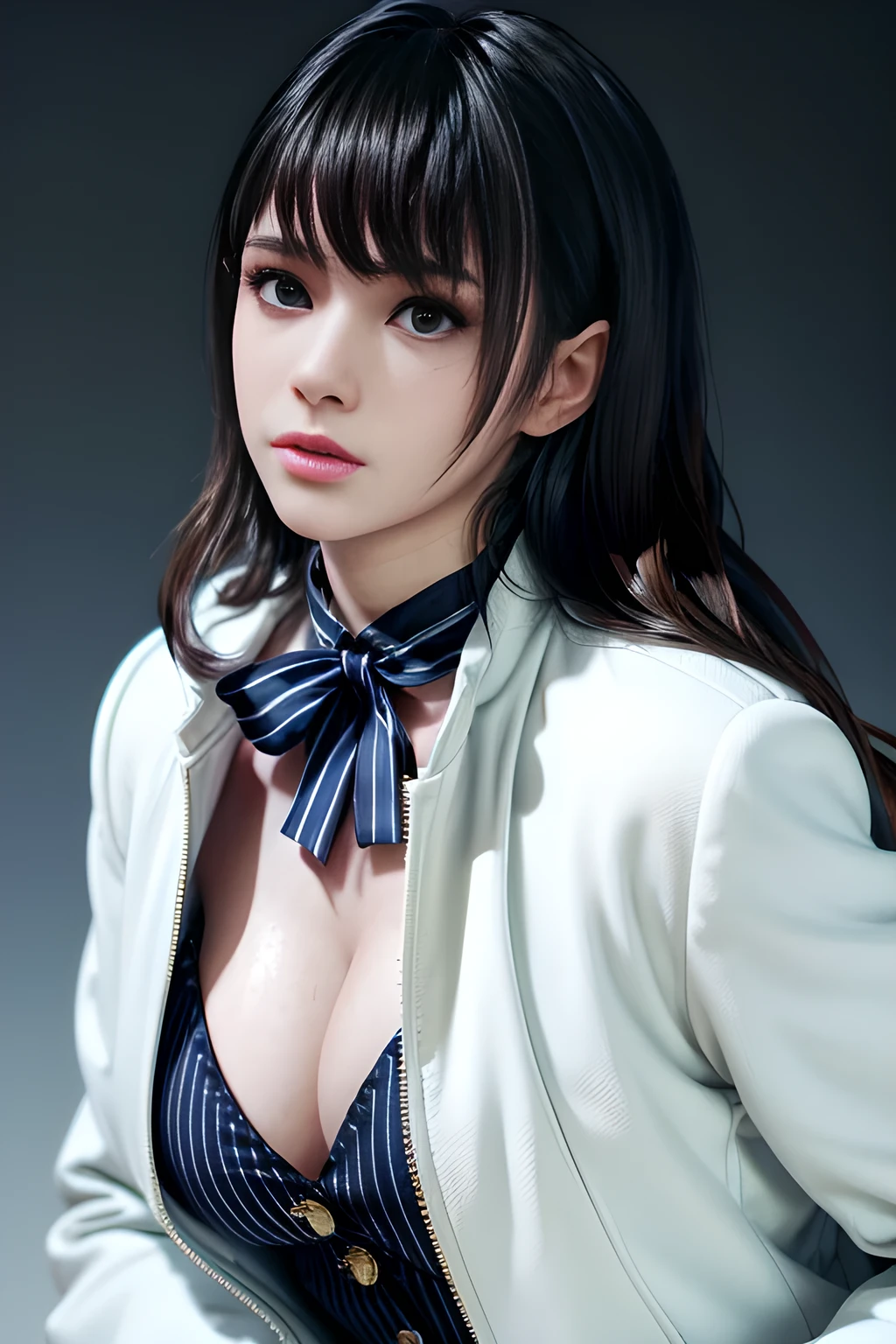 1girl,The upper body is a dark blue short-sleeved suit jacket, paired with a white shirt and a black tie. The jacket is decorated with white stripes, which adds a sense of fashion and layering. The lower body is a dark blue skirt that matches the jacket, , huge breasts, lactation, starry background, elegance, magical atmosphere, (soft lighting:1.5), serene, graceful, beautiful detailed eyes, beautiful detailed lips, extremely detailed face, long eyelashes, (best quality, 4k, 8k, highres, masterpiece:1.2), ultra-detailed, (realistic, photorealistic, photo-realistic:1.37), vibrant colors, focus on thighs and above,Nanami