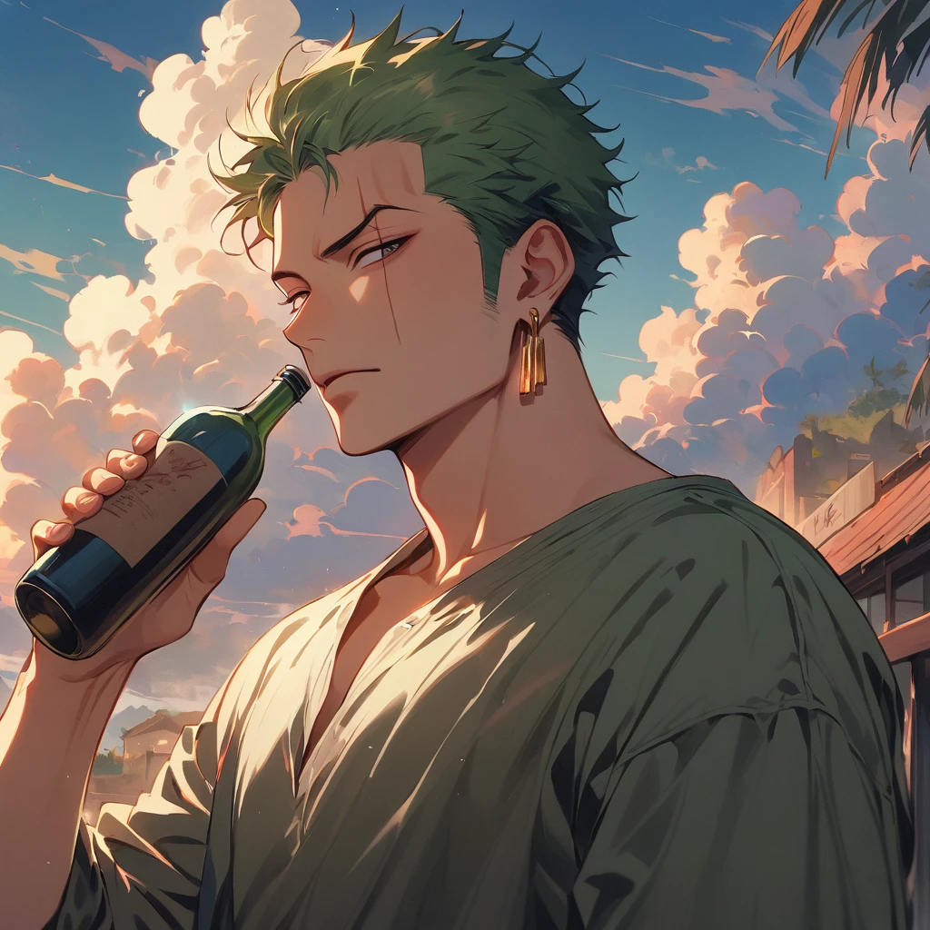 roronoa zoro, male focus, 1boy, green hair, drinking, solo, short hair, scar across eye, bottle, one eye closed, scar, sideburns, holding bottle, shirt, holding, pectorals, alcohol, white shirt, scar on face, ((medium quality)), ((medium quality))