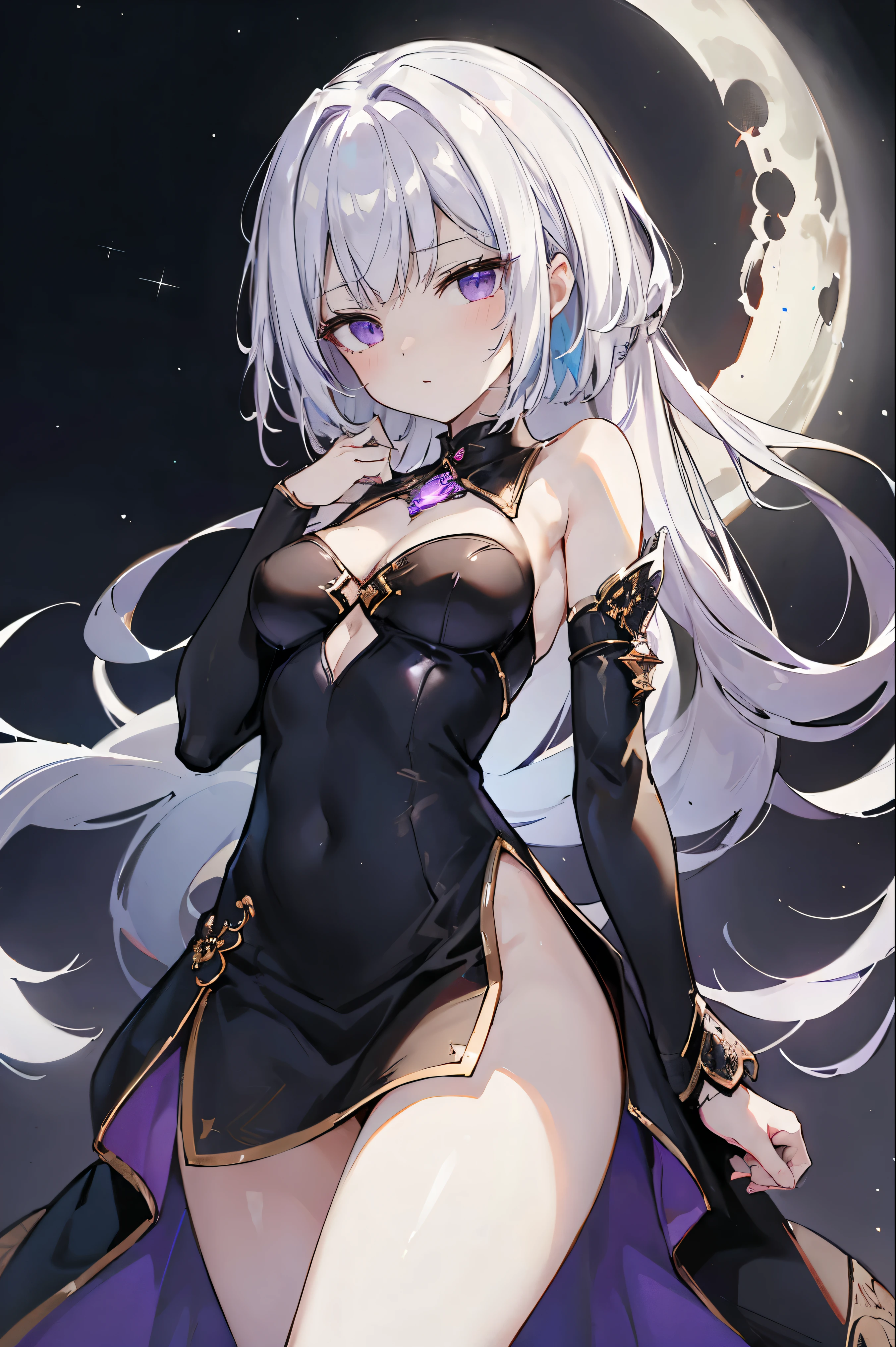 1girl, anime, cute girl, blank background, white background, fantasy, detailed fantasy dress with highlights, beautiful face, beautiful eyes, dark colors, black hair with multicolor streaks, red eye with different color pupil in eye, multicolor eye, medium breasts, slight cleavage, beautiful skin, cute, breast curtains, extremely delicate and beautiful, (beautiful detailed face:1.0), (detailed deep eyes), symmetrical breasts, deep eyes, shiny skin, portrait, slender waist, hips wider than shoulders, thighs, expressionless, young girl, luminous eyes, adorable,(Kpop idol),(aegyo sal:1),(Platinum blonde hair:1),((puffy eye)),Black panty,sexy posture,Superskirt, Ultra-high resolution,Black collar,slim figure, Abdominal y tattoo, womb tattoo,Tight-fitting leg ring,y tattoo on half-body,Bare skin, Armored hand,Hidden fingertips,Hand covered,Arm covered,Fist covered,{{beautiful detailed fingers}}, tufts of hair, moderate beautiful breast:1.0,(masterpiece:1.2), best quality, high-res, HDR, perfect face, intricate armor, delicate blue filigree, intricate filigree, red metalic parts, detailed part, dynamic pose, dynamic lights, cute face, neutral expression, shuimobysim, lotus, Hanfu, maxi skirt, dress conservatively 1girl, solo, long blue hair, standing, One lady,14years,((White hair) ,(Shiny purple bodysuit with microskirt),((Fantasy, Moon Night)), gradient_eyes,