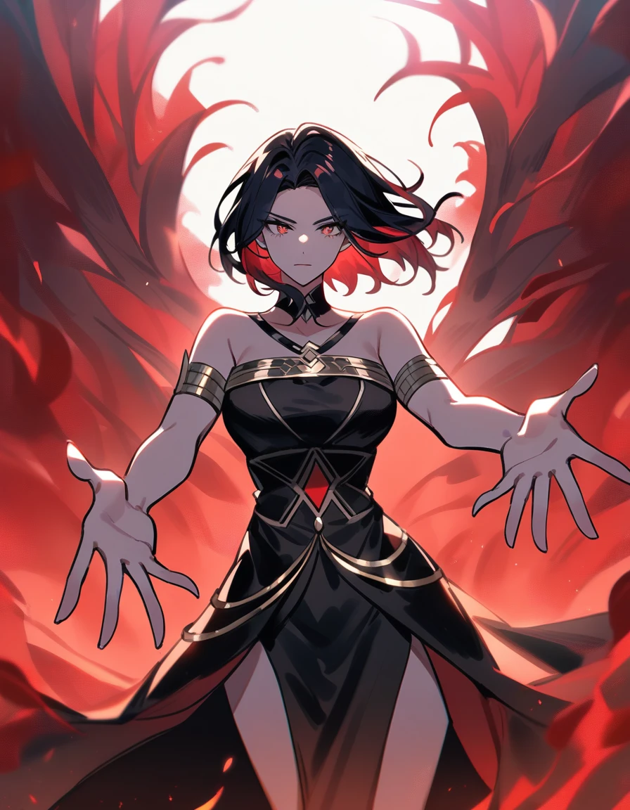 female greek goddess hades with short hair, wearing a black greek dress, gently reaching out to help you, in a red forest