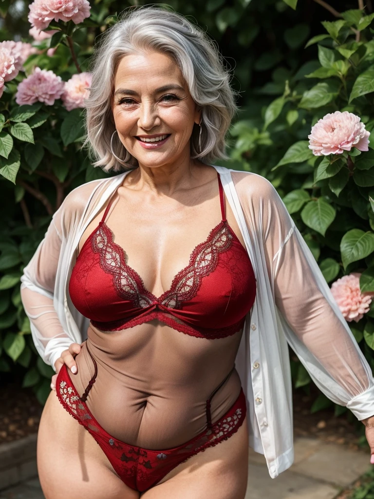 Mature old woman 80 years with silver hair, plus size, overweight, old face and body with many wrinkles, smiling, loose skin, standing at blooming garden posing for photo, She wearing red lace bodysuit and red lace stockings. jaw dropping mature older beauty, old face and body with wrinkles, legs are visible, old face, bright makeup, red lips, attractive grandma, a gorgeous old hair, beautiful old grandma, lovely older mature grandma, gorgeous beautiful grandma over 80 years old, beautiful silver hair grandma, beautiful detailed body and face, a beautiful old granny