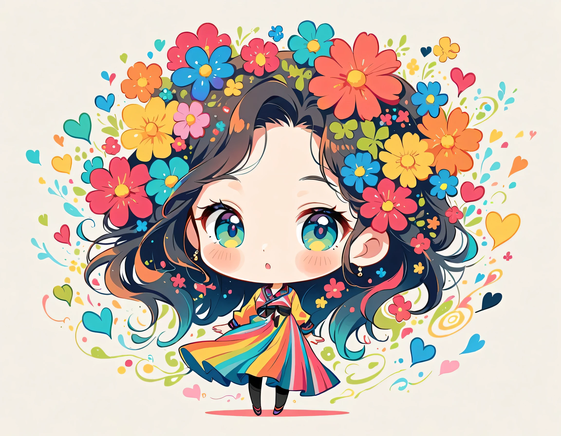 Mai Yoneyama style, Simple Line Initialism，Abstract art，Urban Background, colorful hearts ,colorful flowers, The most beautiful girl of all time, chibi