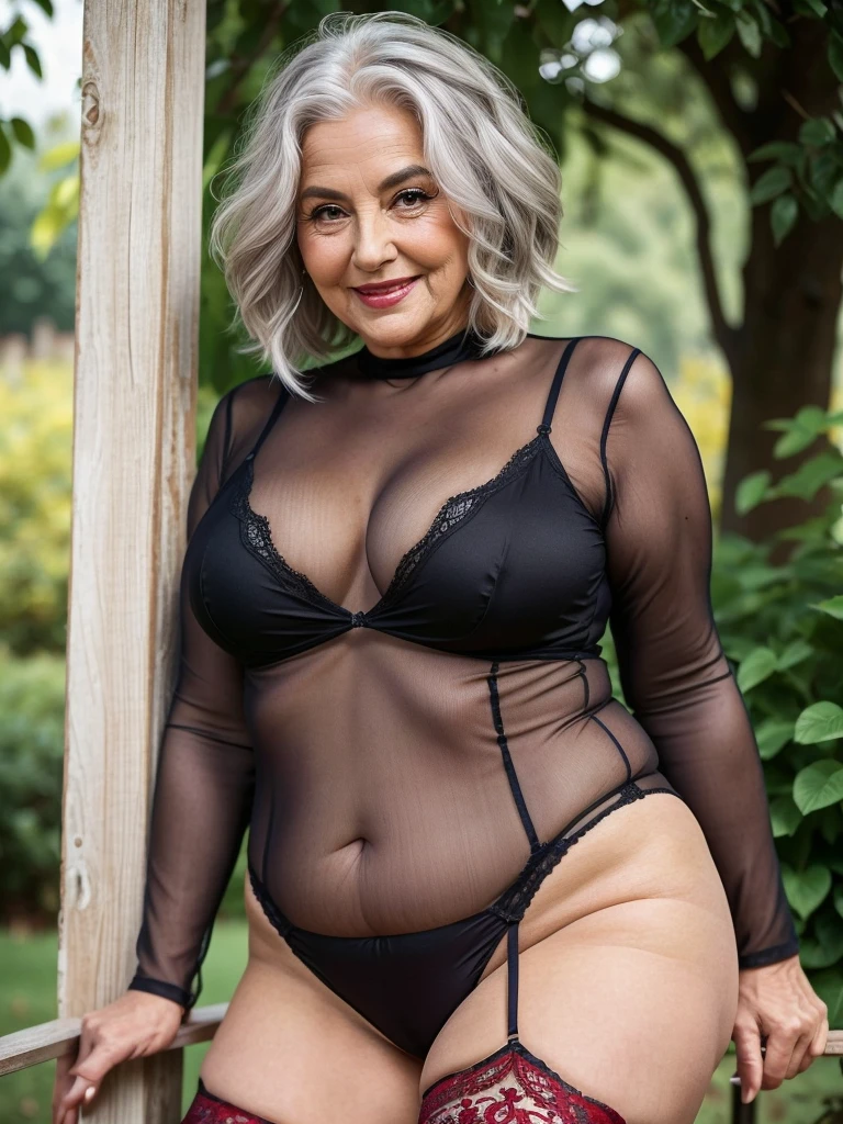 Mature old woman 80 years with silver hair, plus size, overweight, old face and body with many wrinkles, smiling, loose skin, standing at blooming garden posing for photo, She wearing red lace bodysuit and red lace stockings. jaw dropping mature older beauty, old face and body with wrinkles, legs are visible, old face, bright makeup, red lips, attractive grandma, a gorgeous old hair, beautiful old grandma, lovely older mature grandma, gorgeous beautiful grandma over 80 years old, beautiful silver hair grandma, beautiful detailed body and face, a beautiful old granny