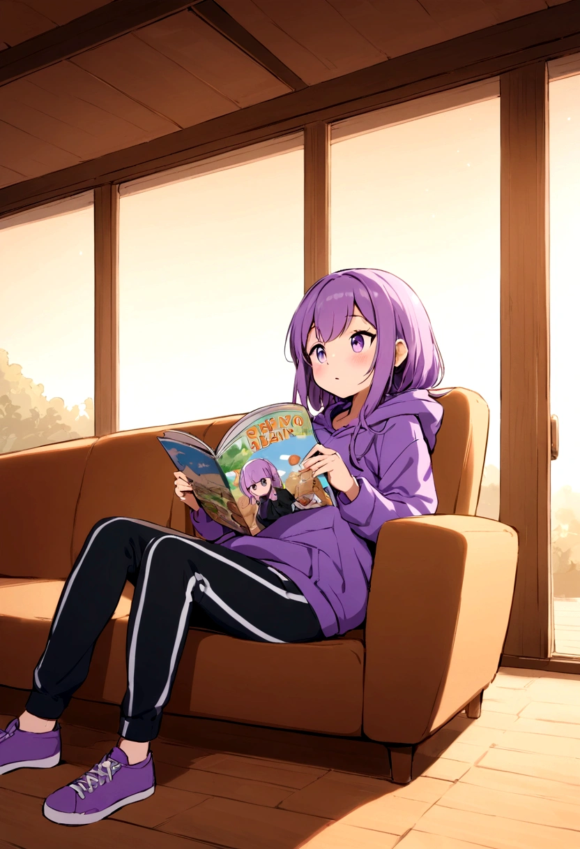 draw a cute purple haired anime
Girl relaxing on the couch in a hoody and track pants at home reading a magazine called "HAM".