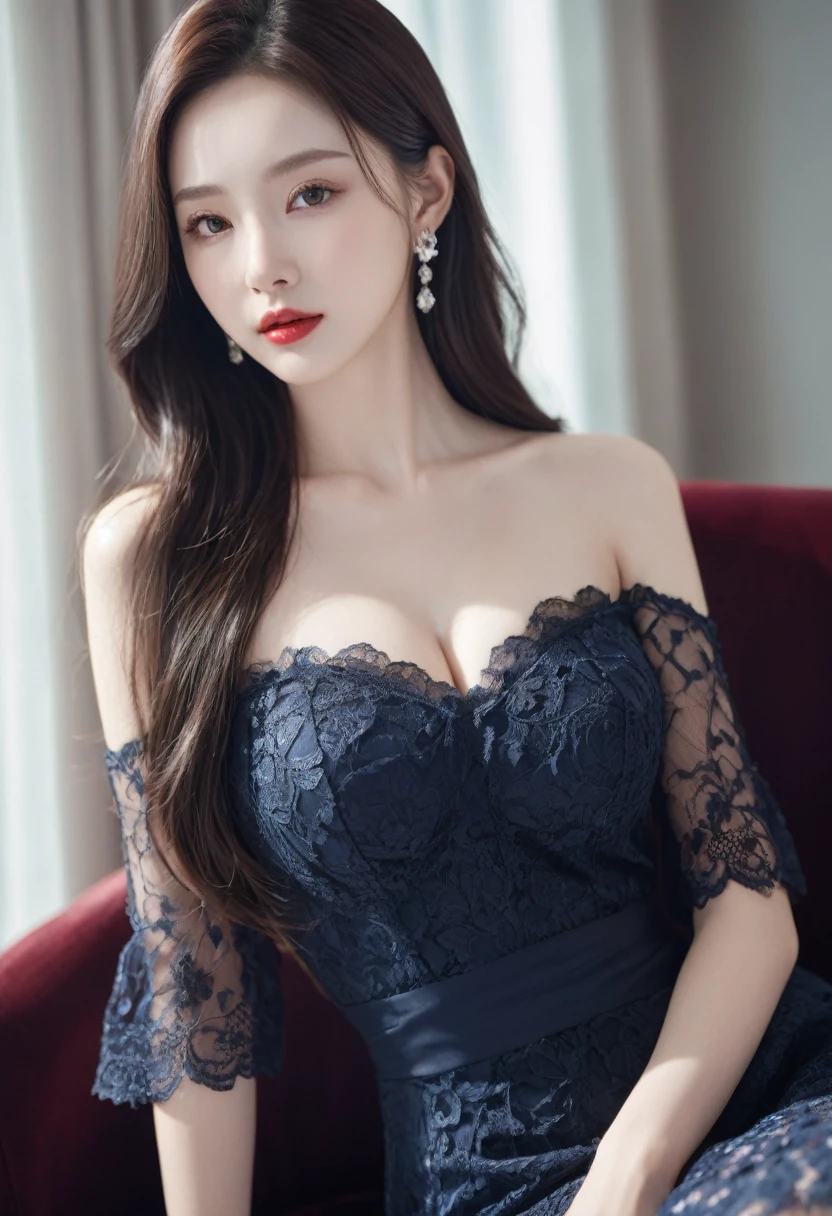 Top CG, Highest image quality, masterpiece, Delicate and gentle beautiful girl, (185cm美女), (Slender figure), Imperial sister, Queen temperament, White skin, ((Long legs)), Perfect facial features, Bright Eyes, posture, Red lips, Beautiful and cold (A major breakthrough)), Beautiful and heroic, Soft and long hair, shiny, lace, net, Skin visible through perspective, wear glasses, Diamond Earrings, Ruby Necklace, (evening dress), 8K Image Quality, (Realistic Portraits), Characters fill the screen, (Facial lighting), ((permanent)