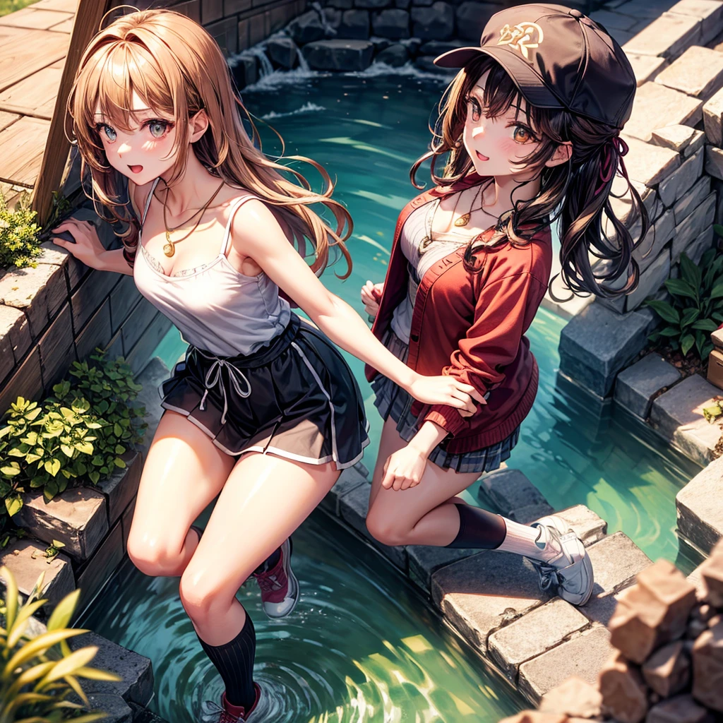 Red, brown, gold, gold hair、Golden Eyes、Hair tied up、One good looking girl、solo、anime、Checkered mini skirt、Ruffles on the skirt、camisole、camisole、Lightweight cardigan、Black knee-high socks、Wearing a baseball cap、Ribbon、Ribbon on waist、Teeth are visible、Sunset sky、Cumulonimbus、Silver coin necklace、shine、From above、Sparks are flying、tunnel、Cobblestones、Hands in pockets、waterfall、Clear Stream