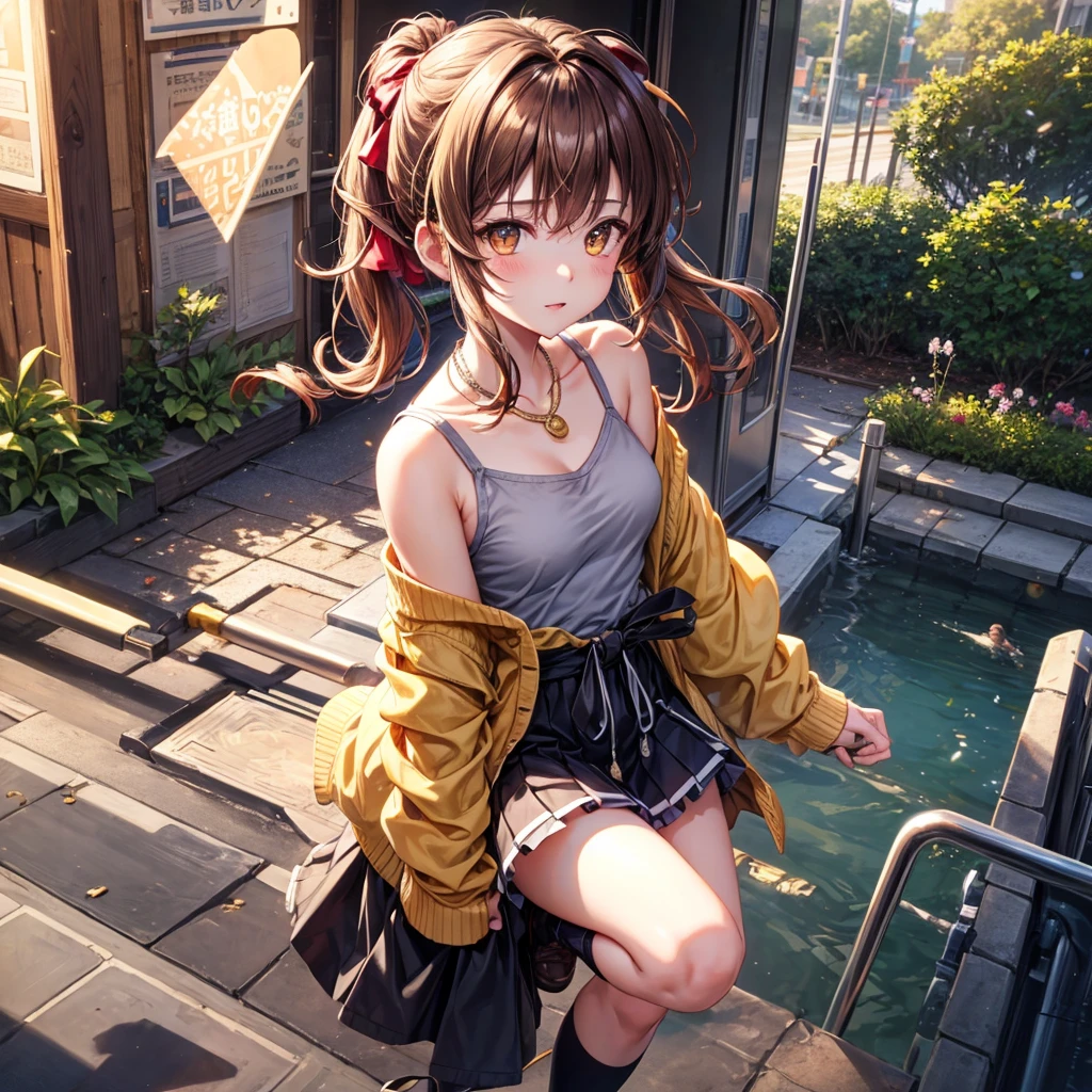 Red, brown, gold, gold hair、Golden Eyes、Hair tied up、One good looking girl、solo、anime、Checkered mini skirt、Ruffles on the skirt、camisole、camisole、Lightweight cardigan、Black knee-high socks、Wearing a baseball cap、Ribbon、Ribbon on waist、Teeth are visible、Sunset sky、Cumulonimbus、Silver coin necklace、shine、From above、Sparks are flying、tunnel、Cobblestones、Hands in pockets、waterfall、Clear Stream
