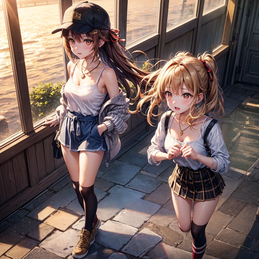 Red, brown, gold, gold hair、Golden Eyes、Hair tied up、One good looking girl、solo、anime、Checkered 、Ruffles on the skirt、camisole、camisole、Lightweight cardigan、Black knee-high socks、Wearing a baseball cap、Ribbon、Ribbon on waist、Teeth are visible、Sunset sky、Cumulonimbus、Silver coin necklace、shine、From above、Sparks are flying、tunnel、Cobblestones、Hands in pockets、waterfall、Clear Stream