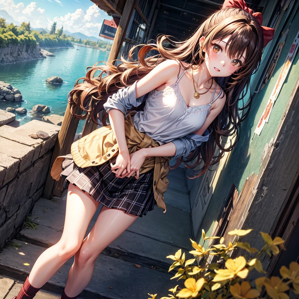 Red, brown, gold, gold hair、Golden Eyes、Hair tied up、One good looking girl、solo、anime、Checkered mini skirt、Ruffles on the skirt、camisole、camisole、Lightweight cardigan、Black knee-high socks、Wearing a baseball cap、Ribbon、Ribbon on waist、Teeth are visible、Sunset sky、Cumulonimbus、Silver coin necklace、shine、From above、Sparks are flying、tunnel、Cobblestones、Hands in pockets、waterfall、Clear Stream