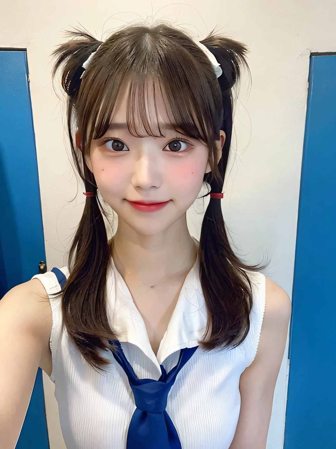 One person、14 years old、Full body photo、Twin tails、slender、woman、White drool coming out of the mouth、smile、Very short hairstyle、 Fair skin, messy hair, super cute、Soft and Face、8K resolution、Surreal、Ultra high definition、 A-cup small breasts((Highest resolution、8K、masterpiece:1.3))、Ultra-fine face、Ultra Fine Lips、Beautiful Eyes、double eyelid,Light blue wall、Red tie、white shirt with open front、Red mini skirt、Thighs、thin,Thighsが見える、Shapely small breasts、