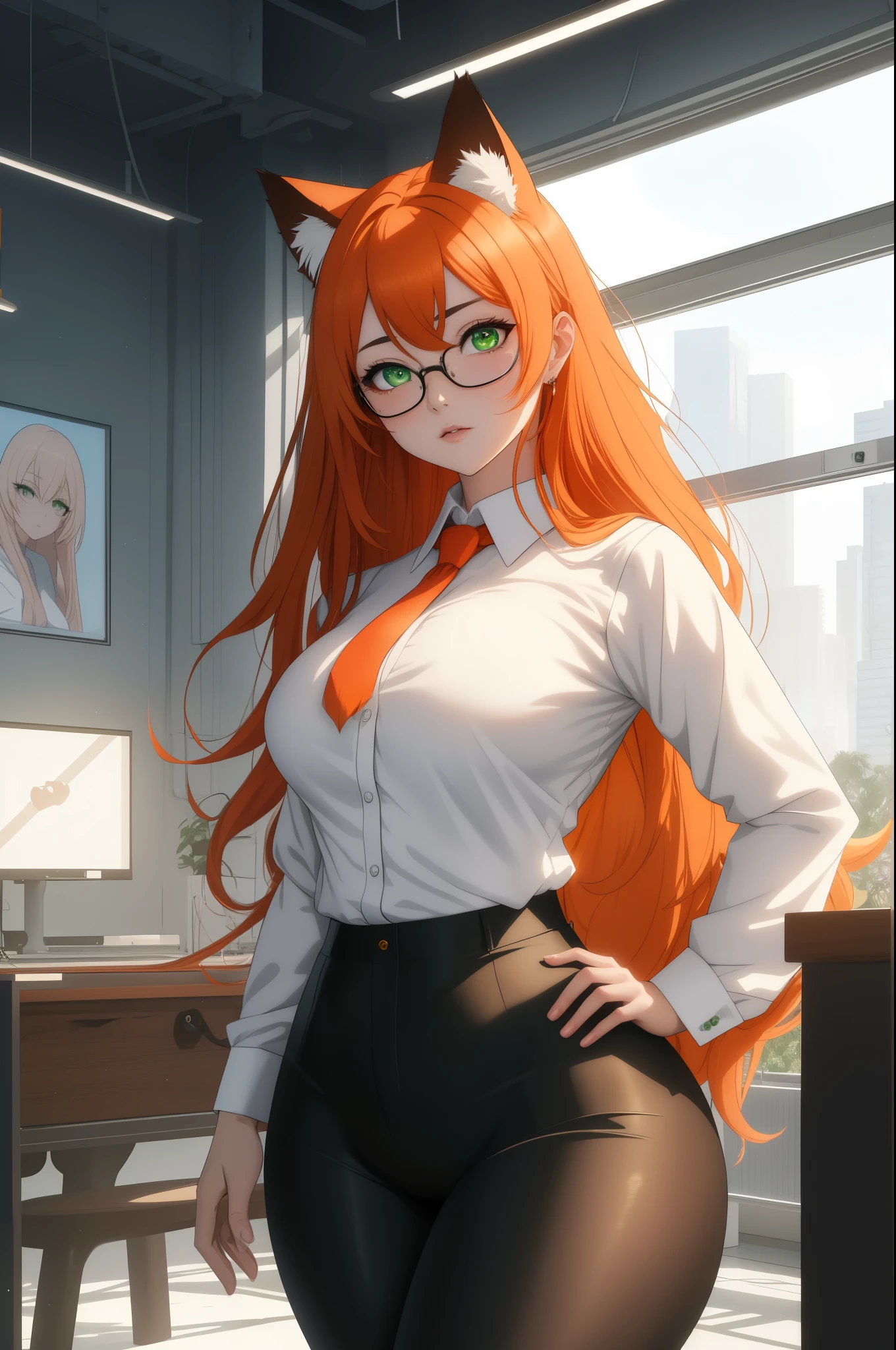 (masterpiece, Best quality), 8K, ultra detailed, realistic photo, Detailed face, perfect lighting, green eyes, bright orange hair, bright hair, fox ears, nice legs, side photo, beautiful, Cute, skin pores, 1 girl, perfect shirt, fully dressed, beautiful women 30 years old, Beautiful proportions, Russian woman, Caucasian, European, Business lady, stunningly beautiful woman, mother, thick legs, show ass, big breasts, (Thin white shirt:1.4), thick, hot, (White Office Wear:1.4), tight pants, (wide hips:1.2), thick, (white Office pants:1.3), spread your legs, , full length, wide hips, Glasses, with long orange hair, standing on the beach near the ocean, green eyes detailed digital anime art, cat ear, anime girl with long hair, гладкое аниме cg art, anime girl with long hair, digital anime art, work in Guweiz style, Beautiful anime portrait, Photorealistic render of an anime girl, pantyhose, Beautiful anime girl, advanced digital anime art, guweiz на artstation pixiv HD UHD HQ
