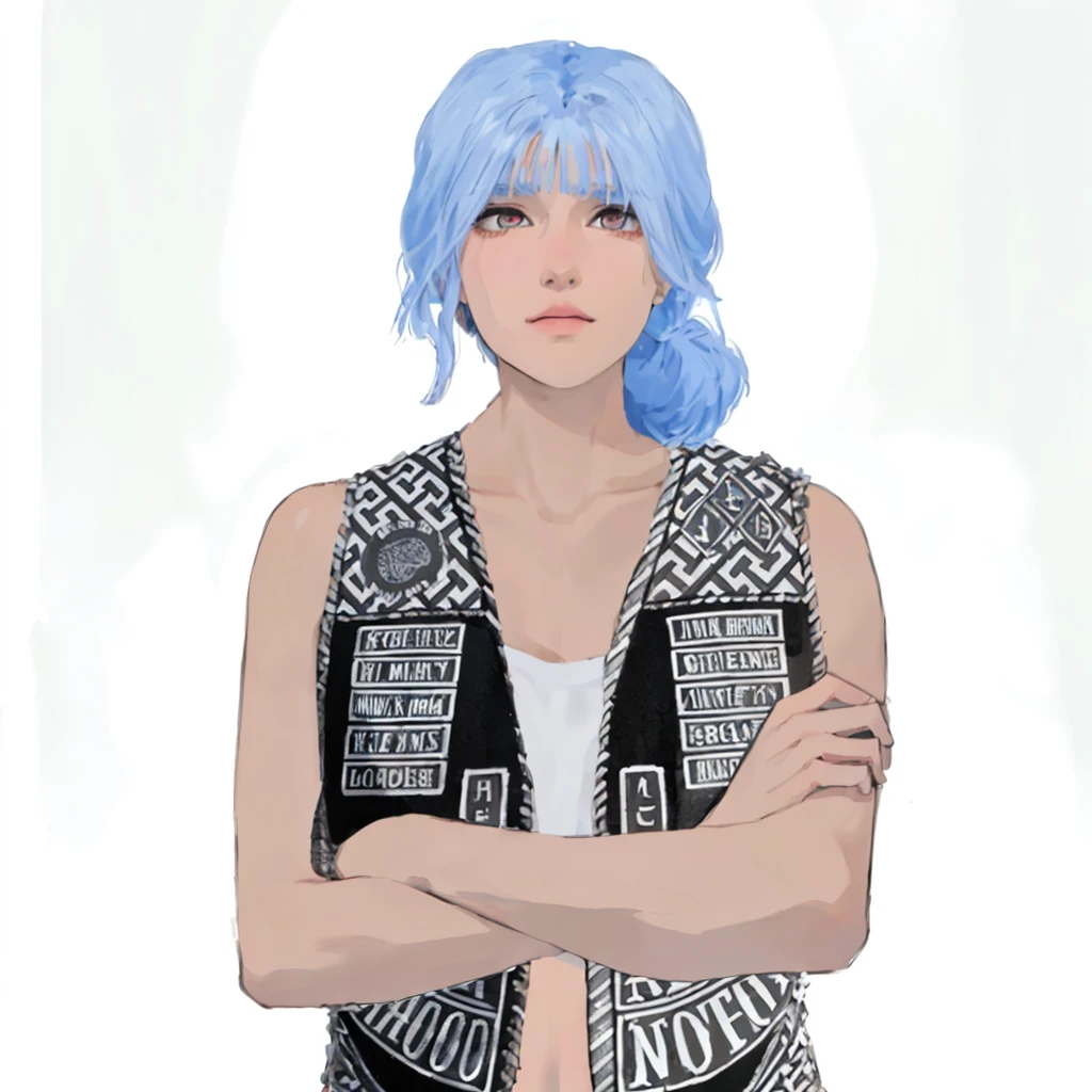 (masterpiece:1.2, best quality), (1girl, solo, upper body:1.2),flat face,Hair: buzz cut, Clothing: oversized, distressed denim jacket with patches and pins, paired with black skinny jeans and combat boots, Hanging out in an underground music venue or street art exhibit