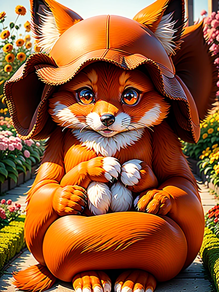 red fox, (monster girl), long, brown ears with darker brown inside, brown fur, tan fuzz on the neck, brown fluffy tail with tan tip, big brown-eyes, wearing modest clothes, sitting in a flower garden, work of art, best qualityer