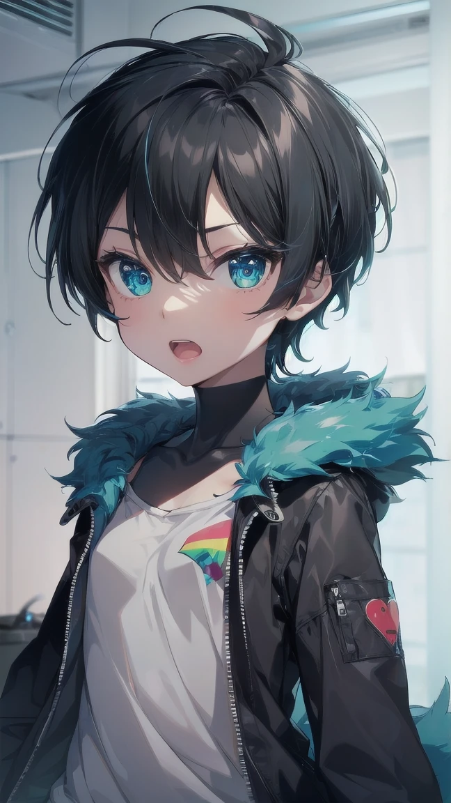 Close-up of a cartoon girl with blue hair and a yellow shirt, 2D Animation, 2D Animation style, 2D Art, 2D Art, 2D from Gorillaz, 2D from Gorillaz, 2D Gorillaz, Screaming Cerket, 2D Sprites, Jinx Face, short hair, hot pants, Small breasts, ((Black Hair, Bright blue fur inside:1.4))