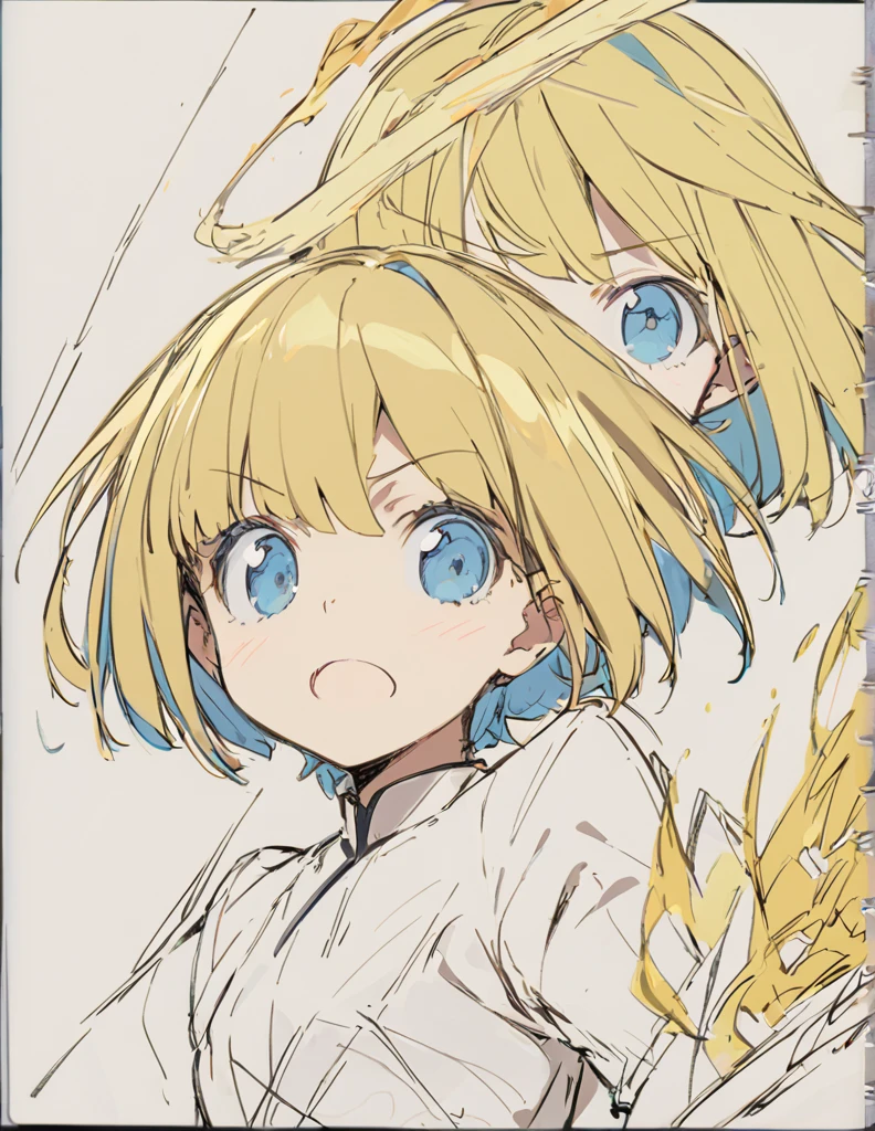 A girl fighting with golden flames(Sketches), (Open Close), (Small body), (Blonde:1.5) (Short Bob Hair:1.4), (Blue eyes)輝く