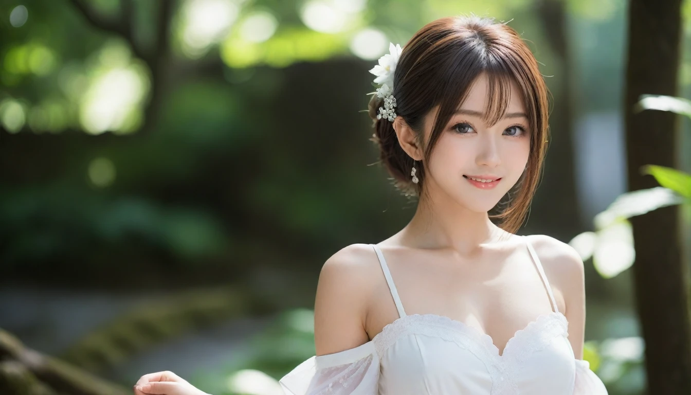 8K, Ultra-high resolution, Highest quality, masterpiece, 三分割法によるphotograph,Surreal, photograph, 1 girl, (16 years old:1.3), pretty girl, Cute face, Beautiful eyes in every detail, 細かくdetailedに,masterpiece,, One Girl:1.2, Japan Female Announcer,whole body,Young Wife,Girl with her back to the camera, evening, forest、Full of cleanliness,A carefree smile,Healing the heart,Semi-long layered hair,Looking at the audience、beauty,Long neck、Laugh a little、Please close your mouth and laugh、(((Ideal body type))),A-cup small breasts :2,、Portraiture:2、Perfect 、鮮明なdetailed、detailed、Surreal、Light and shadow,Strong light