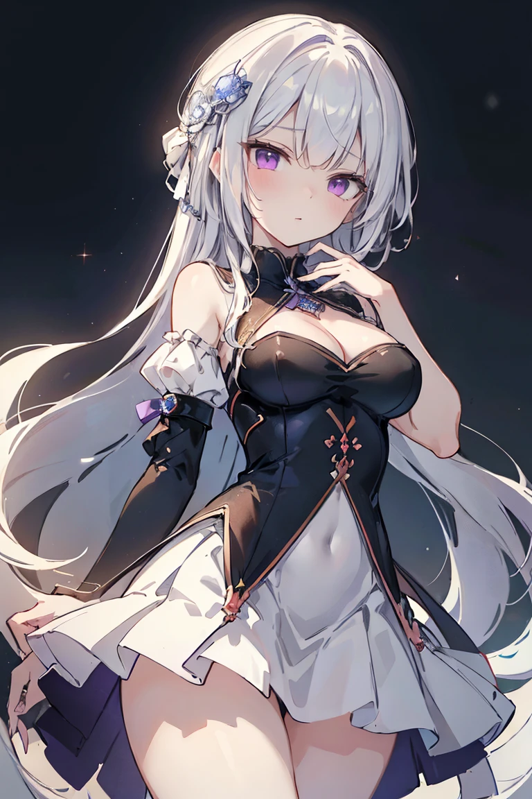 1girl, アニメ, cute girl, blank background, white background, fantasy, detailed fantasy dress with highlights, beautiful face, beautiful eyes, dark colors, black hair with multicolor streaks, red eye with different color pupil in eye, multicolor eye, medium breasts, slight cleavage, beautiful skin, cute, breast curtains, extremely delicate and beautiful, (beautiful detailed face:1.0), (detailed deep eyes), symmetrical breasts, deep eyes, shiny skin, portrait, slender waist, hips wider than shoulders, thighs, expressionless, young girl, luminous eyes, adorable，（Kpop idol）,（aegyo sal：1），（Platinum blonde hair：1），（（puffy eye）），Black panty，sexy posture，Superskirt, Ultra-high resolution，Black collar，slim figure, Abdominal y tattoo, womb tattoo，Tight-fitting leg ring，y tattoo on half-body，Bare skin, Armored hand，Hidden fingertips，Hand covered，Arm covered，Fist covered,{{beautiful detailed fingers}}, tufts of hair, moderate beautiful breast:1.0,(masterpiece:1.2), best quality, high-res, HDR, perfect face, intricate armor, delicate blue filigree, intricate filigree, red metalic parts, detailed part, dynamic pose, dynamic lights, cute face, neutral expression, shuimobysim, lotus, Hanfu, maxi skirt, dress conservatively 1girl, 独奏, long blue hair, standing, One lady,ars,((White hair) ,(Shiny purple bodysuit with microskirt),((Fantasy, Moon Night)), gradient_eyes,