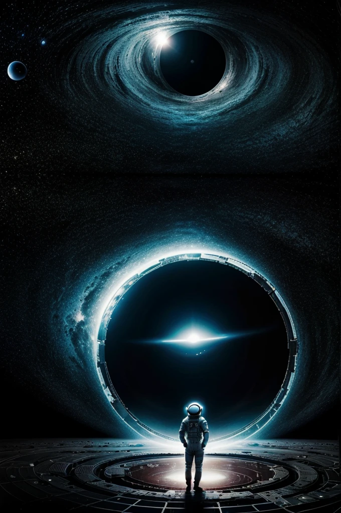 an astronaut in a spacesuit standing in front of a black hole, astronaut lost in liminal space, portal to outer space, portal in space, is being drawn into a blackhole, looking out into space, traveling into a blackhole, astronaut in space, interstellar hyper realism, an astronaut in space, interstellar infinity portal, interstellar space setting, black hole in space