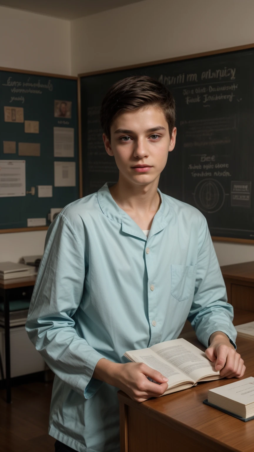 A young male twink, cute, beautiful, soft, with a beautiful face with make-up and blush, and black hair, and his eyes have dark circles under them. He is wearing a long-sleeved aquamarine shirt and white jeans. He is in the Faculty of Medicine, studying on the blackboard with brain  written on it, and on his desk are scientific medical books.  And manuscripts of brain 