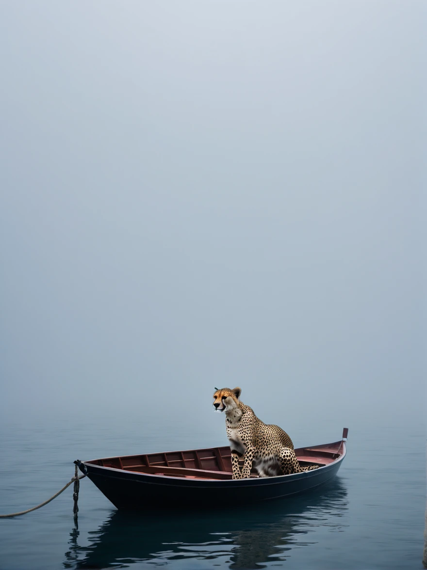 Close shot，Shrouded in a vast ocean covered with thick fog，Cheetah on the boat，费利西亚·西米恩和吉卜力工作室风格的Minimalism摄影来到冒险，Minimalism，art，Cinema Lighting，Negative Space，Dark Arts，Surrealism