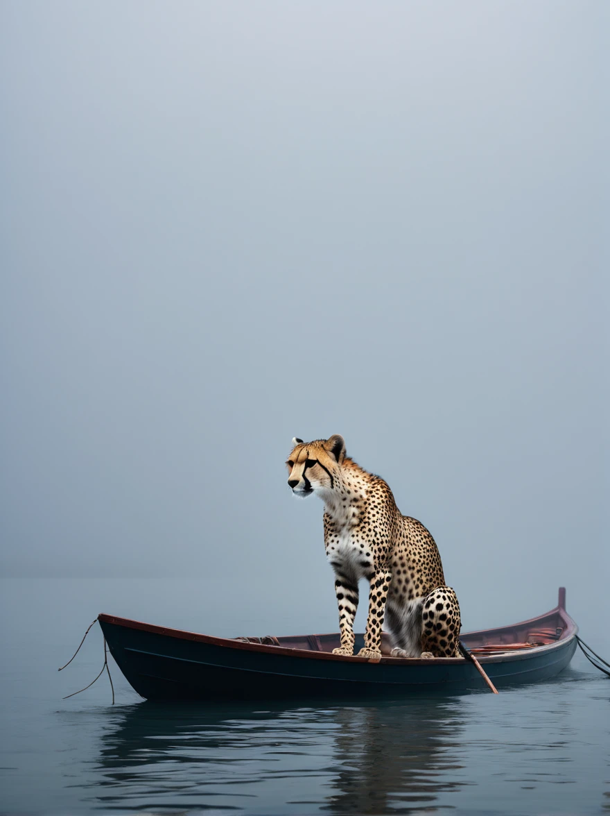 Close shot，Shrouded in a vast ocean covered with thick fog，Cheetah on the boat，费利西亚·西米恩和吉卜力工作室风格的Minimalism摄影来到冒险，Minimalism，art，Cinema Lighting，Negative Space，Dark Arts，Surrealism