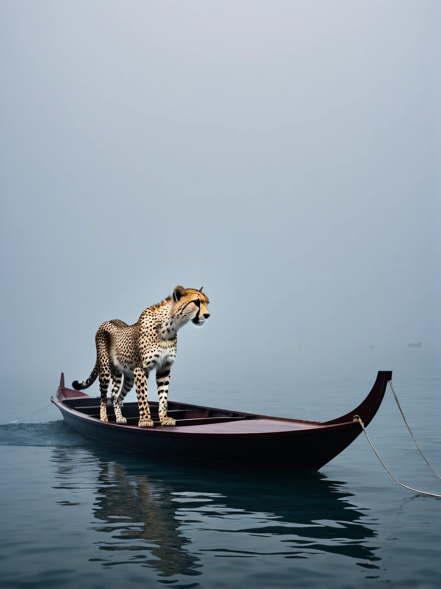 Close shot,Shrouded in a vast ocean covered with thick fog,Cheetah on the boat,费利西亚·西米恩和吉卜力工作室风格的Minimalism摄影来到冒险,Minimalism,art,Cinema Lighting,Negative Space,Dark Arts,Surrealism