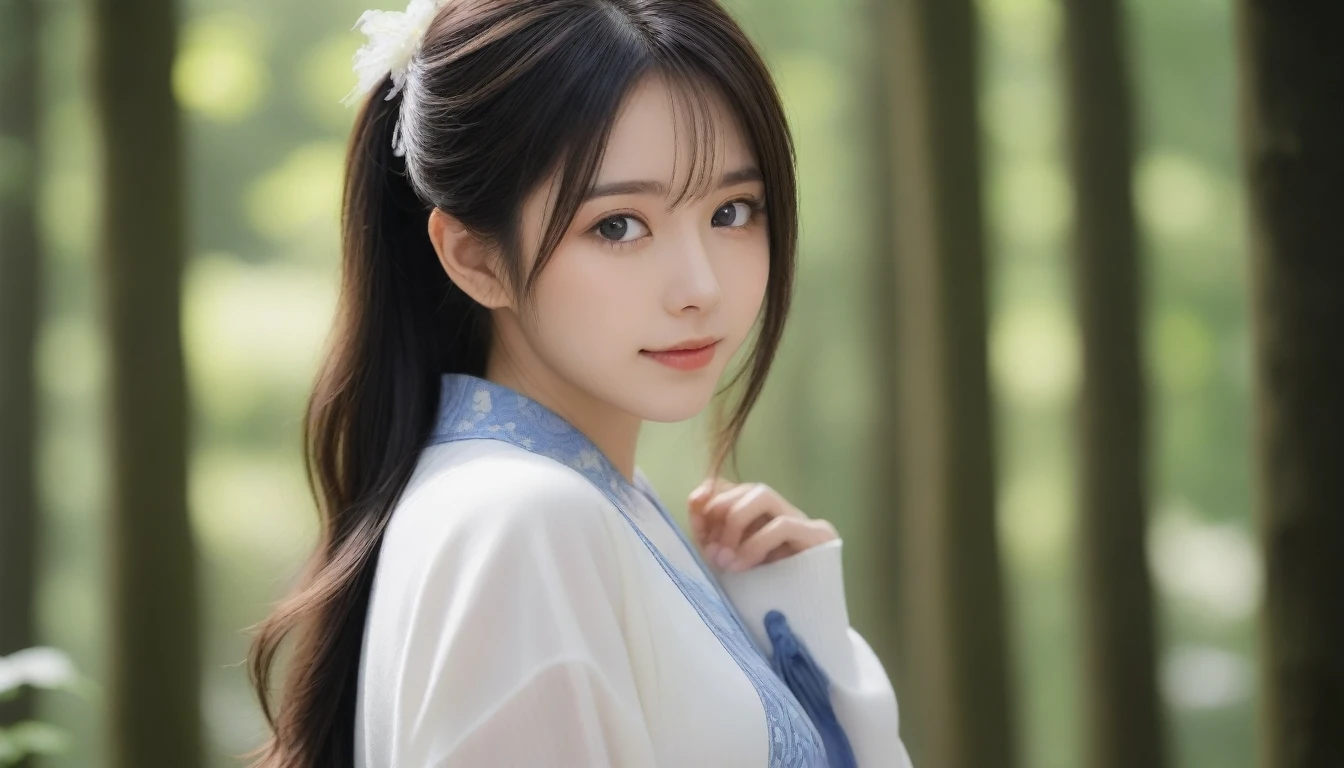8K, Ultra-high resolution, Highest quality, masterpiece, 三分割法によるphotograph,Surreal, photograph, 1 girl, (16 years old:1.3), pretty girl, Cute face, Beautiful eyes in every detail, 細かくdetailedに,masterpiece,, One Girl:1.2, Japan Female Announcer,whole body,Young Wife,Girl with her back to the camera, evening, forest、Full of cleanliness,A carefree smile,Healing the heart,Semi-long layered hair,Looking at the audience、beauty,Long neck、Laugh a little、Please close your mouth and laugh、(((Ideal body type))),A-cup small breasts :2,、Portraiture:2、Perfect Anatomy、鮮明なdetailed、detailed、Surreal、Light and shadow,Strong light