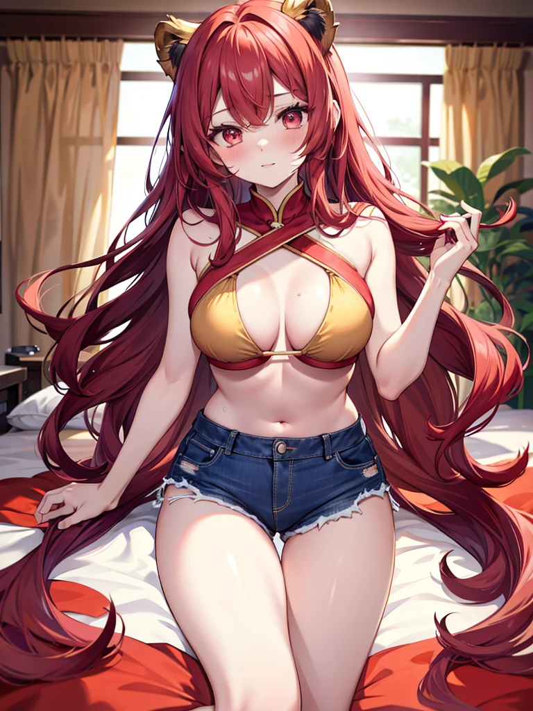 Red hair,Red Eyes,Long hair,Double tail,blush,Li Xiuning(destiny)Large Breasts,Red Sling Bikini,Bedroom background,Denim shorts,camel toe, naked women,